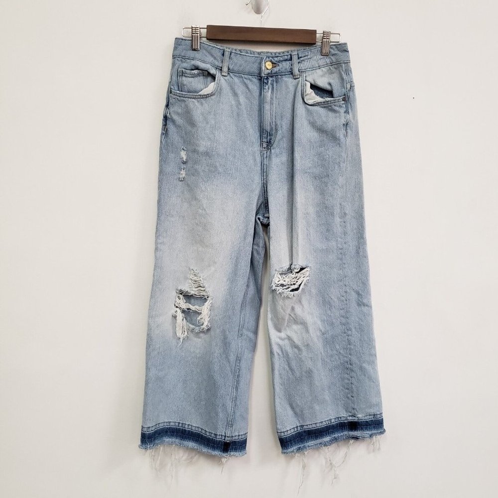 Zara Basic Denim Womens Super Wide Leg Baggy Jeans Size 8 Light Wash Distressed